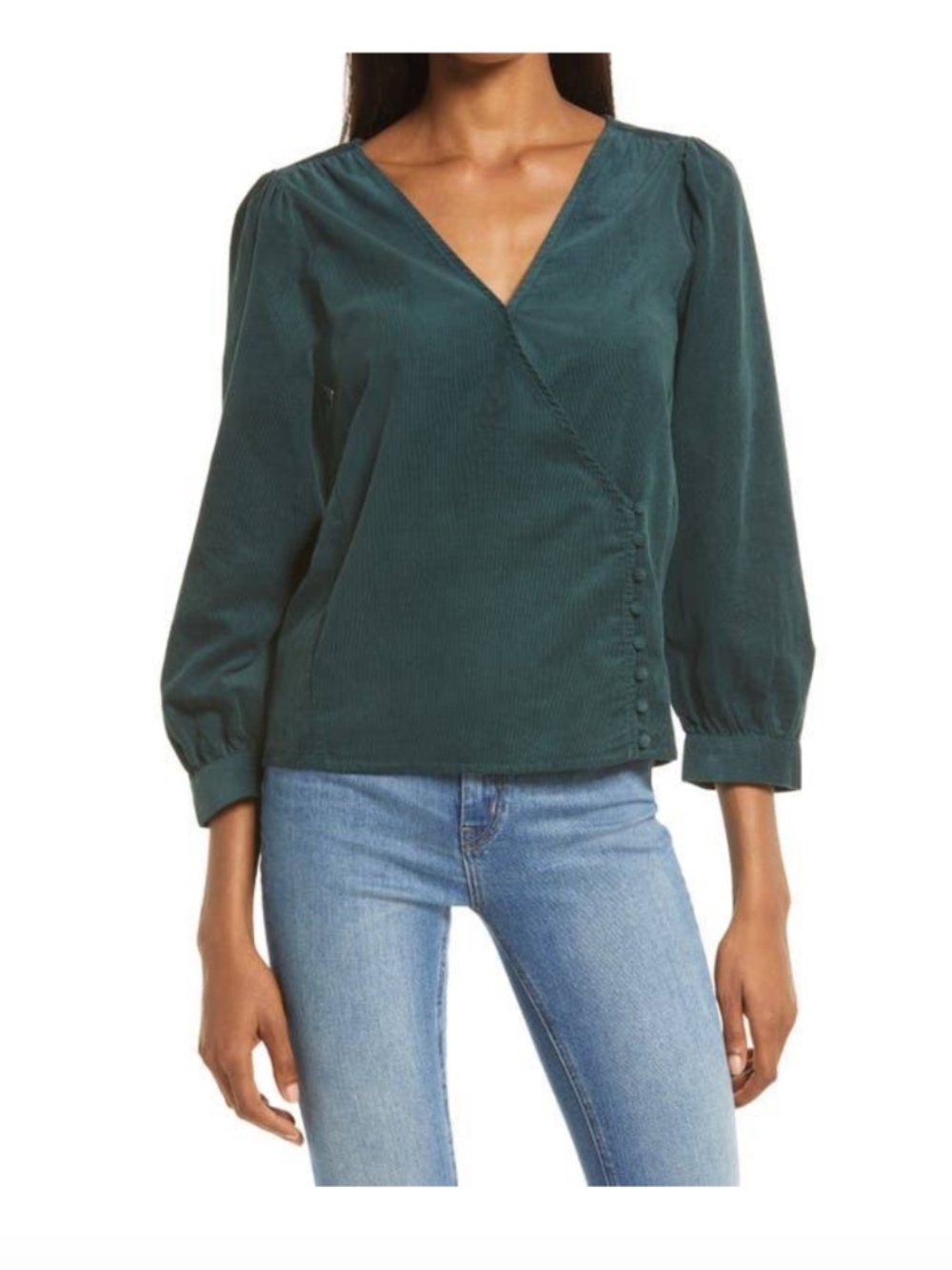 Madewell Corduroy Kinston Side-Button Preppy Wrap Top Midnight Green Size Small